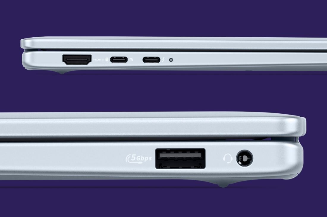 Dwa laptopy DELL 14 Plus z widocznymi złączami po bokach. - złącza HDMI, mini jack i Thunderbolt 4 