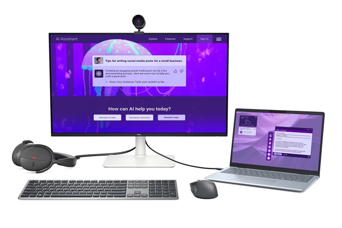 Laptop DELL 14 Plus z klawiaturą i monitorem na białym tle. - Stabilne i szybkie połączenie Wi-Fi 7
