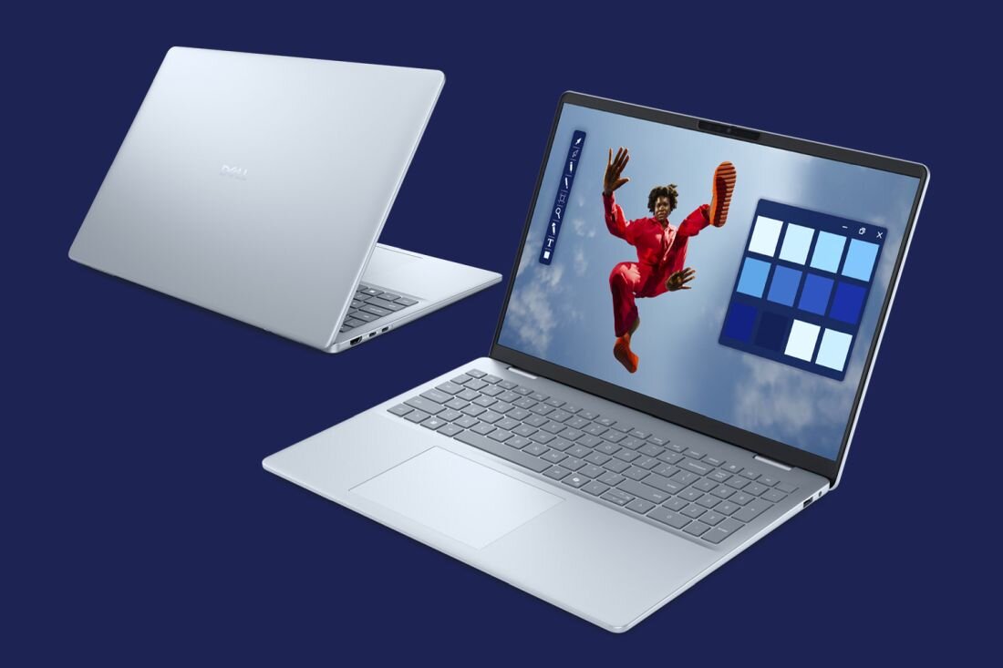 Dwa laptopy DELL 16 Plus jeden przodem, drugi tyłem.- wbudowany czytnik linii papilarnych 