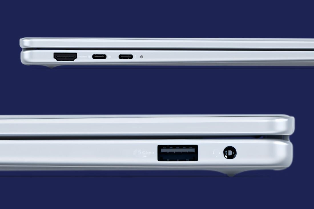 Dwa laptopy DELL 16 Plus z widocznymi złączami po bokach. - złącza HDMI, mini jack i Thunderbolt 4 