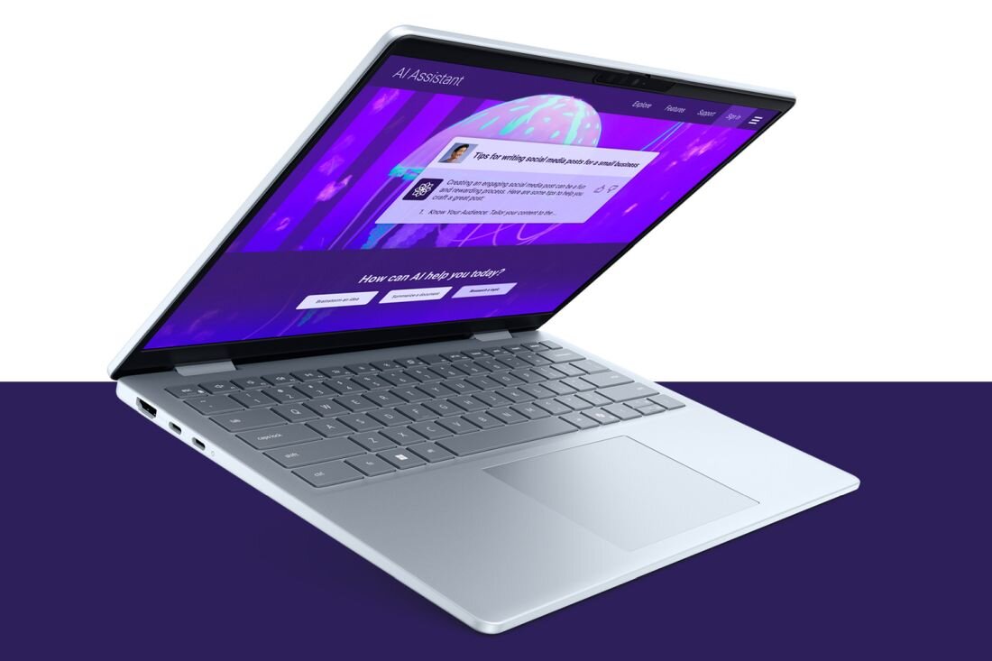 Laptop DELL 14 Plus na fioletowym tle, z eleganckim designem. - procesor Intel Core Ultra, pamięć RAM, Dysk SSD