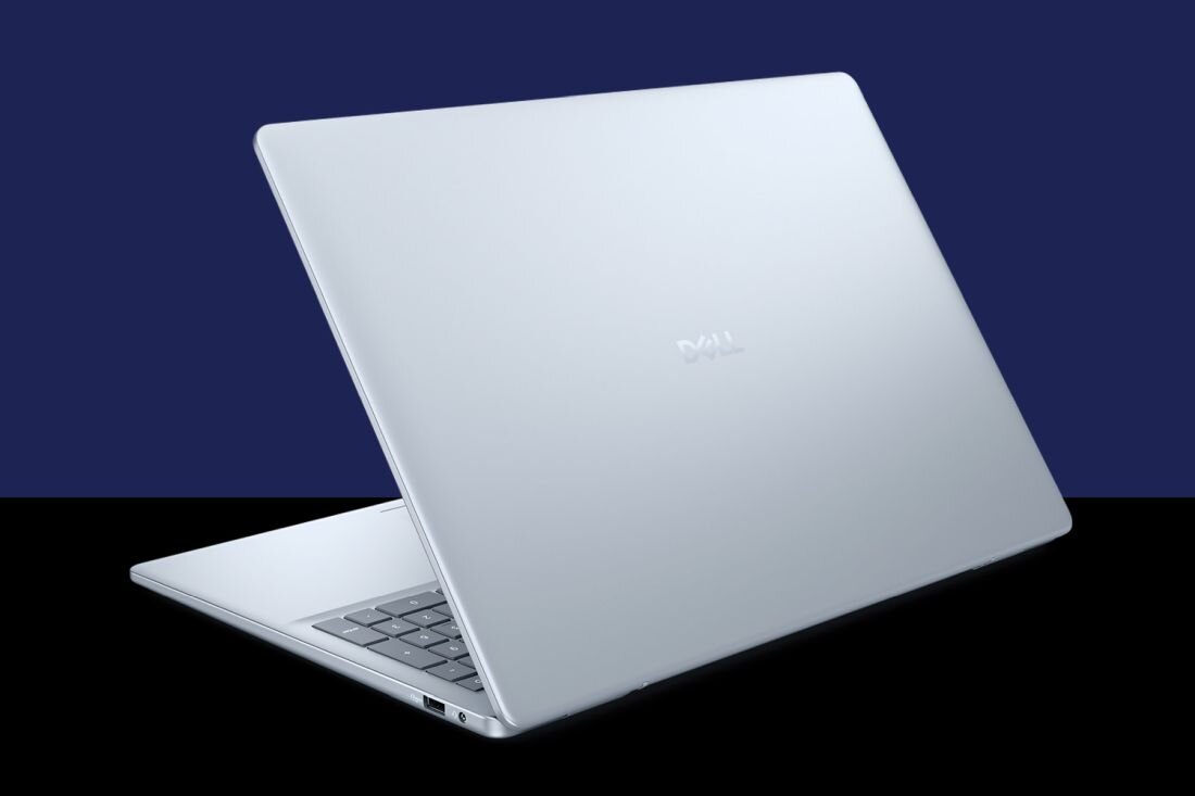 Laptop DELL 16 Plus na ciemnoniebieskim tle, eksponujący elegancki wygląd i funkcje laptopa.   - Stabilne i szybkie połączenie Wi-Fi 7 