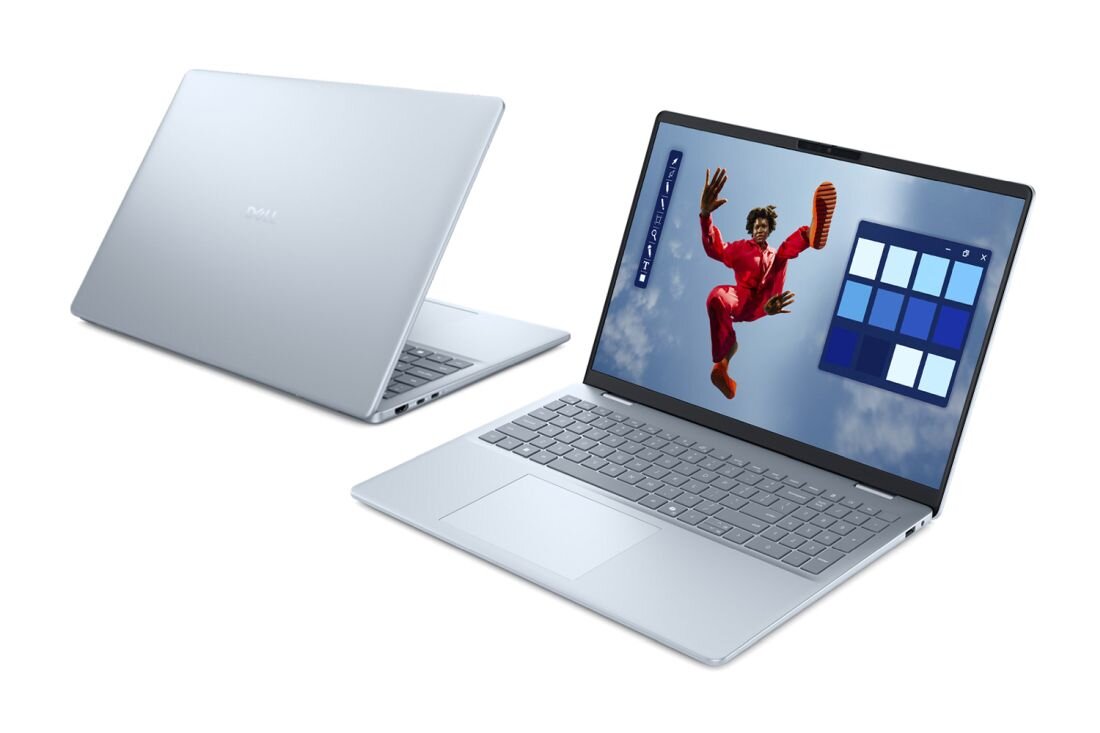 Laptop DELL 16 Plus z ekranem, na którym widać mężczyznę skaczącego w powietrzu. - sprzęt wzbogacony o AI