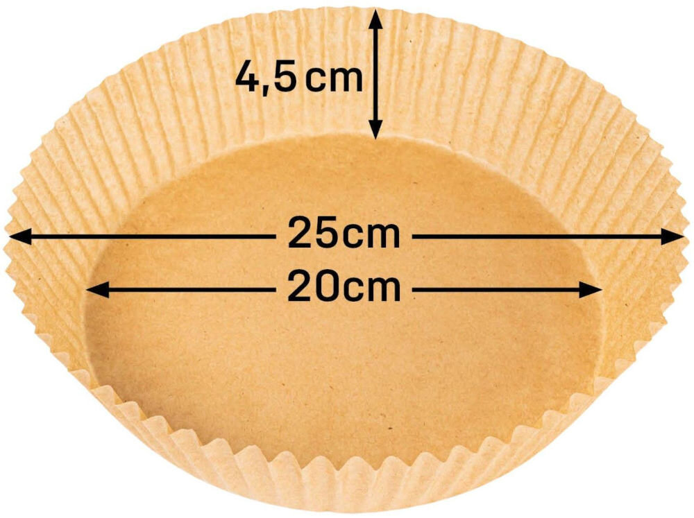 Foremki papierowe GÖTZE & JENSEN AFA120PS do Air Fryer 20 cm (100 sztuk) wymiary na zdjęciu dół 20 cm góra 25 cm wysokość 4,5 cm