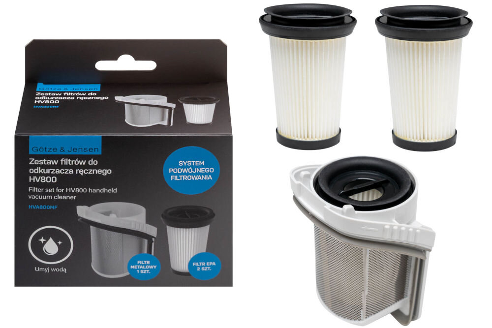 Filtr do odkurzacza GÖTZE & JENSEN HV800 HVA800MF (3 sztuki) Zestaw filtrów Gotze & Jensen HVA800MF, składający się z opakowania i zawartości: karton z opisem System podwójnego filtrowania oraz grafikami, szara obudowa z filtrem metalowym i dwa cylindryczne, plisowane filtry EPA.