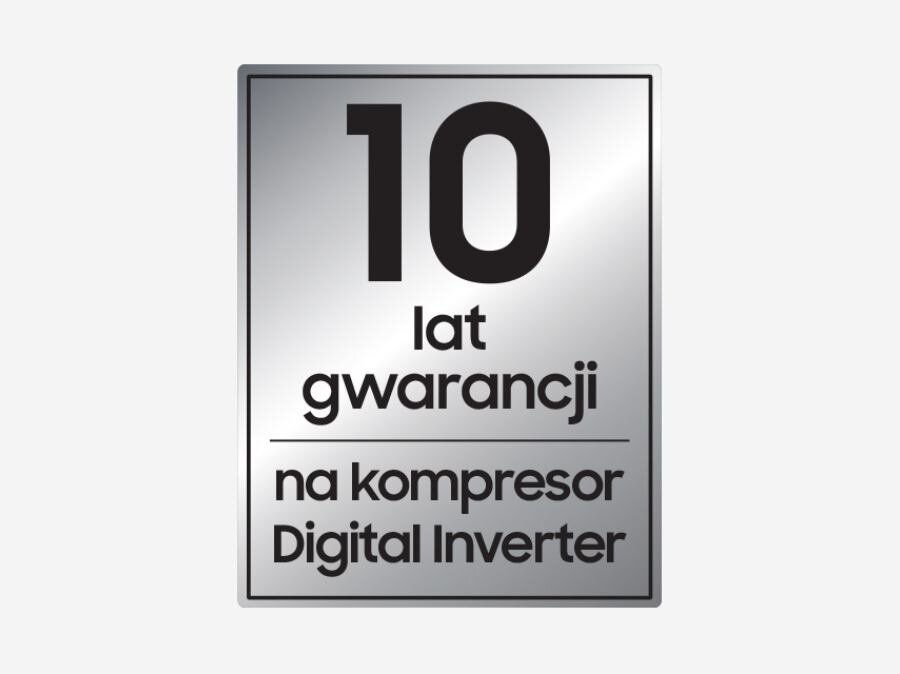 Obraz przedstawia srebrną plakietkę z napisem: \'10 lat gwarancji na kompresor Digital Inverter\'.
