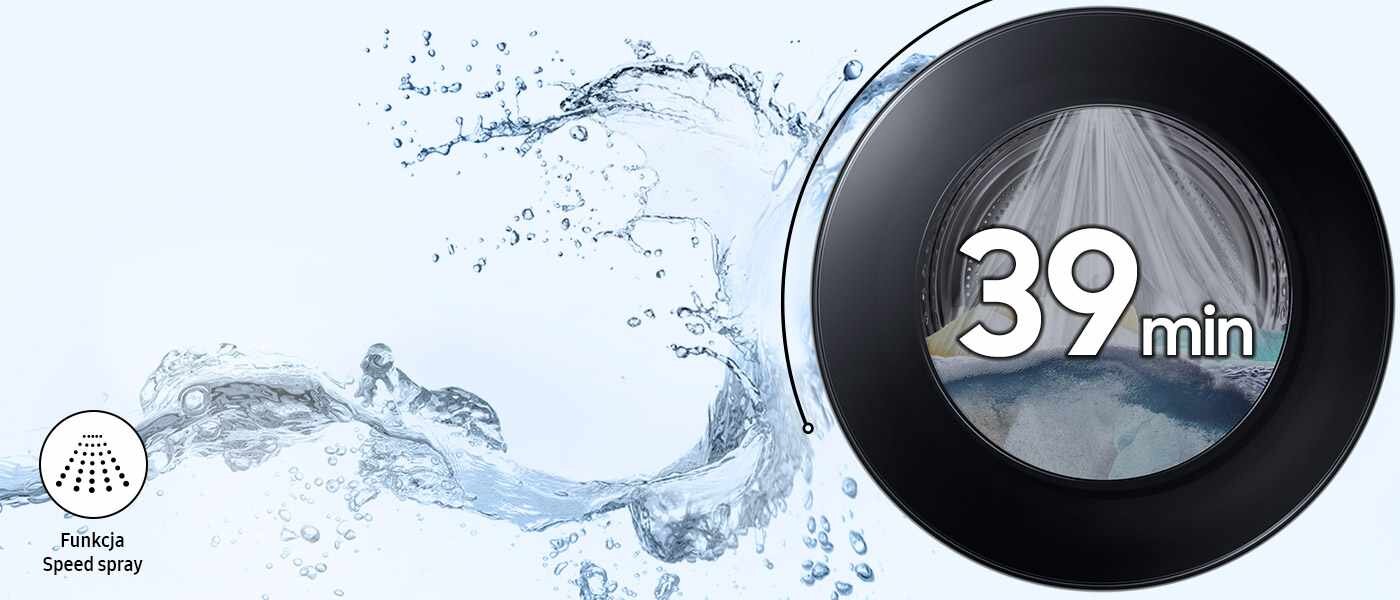 pralko-suszarka Samsung WD90DG6G94BBU4 z programem super szybki 39 min Obraz przedstawia okrągły wyświetlacz pralko-suszarki z napisem \'39 min\', otoczony przez rozpryskującą się wodę. W lewym dolnym rogu znajduje się ikona z napisem \'Funkcja Speed spray\'.