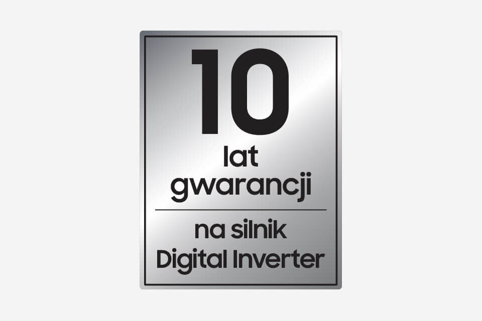 10lat silni 960x640 Obraz przedstawia srebrną plakietkę z napisem: \'10 lat gwarancji na silnik Digital Inverter\'.
