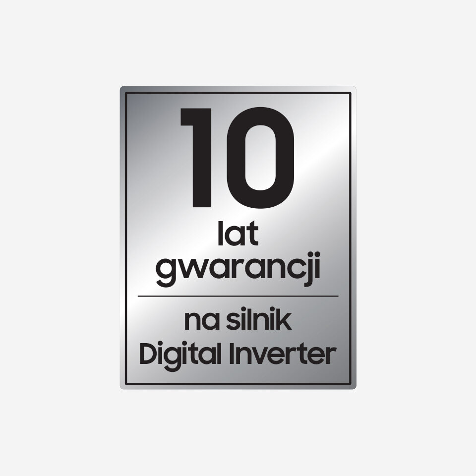 Prostokątna plakietka z napisem \'10 lat gwarancji na silnik Digital Inverter\'.