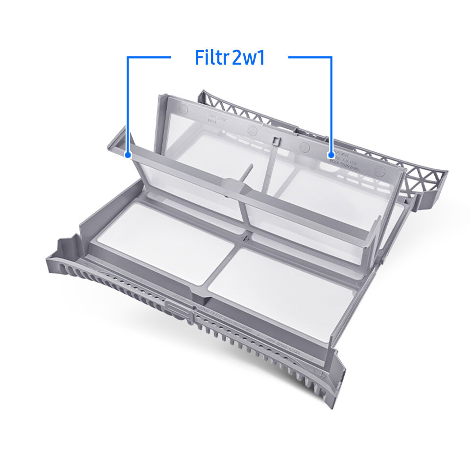 dv90dg52a0aeeo filtr 2w1 Na obrazie widoczny jest szary filtr 2w1 z suszarki, z oznaczeniem \'Filtr 2w1\' w kolorze niebieskim.