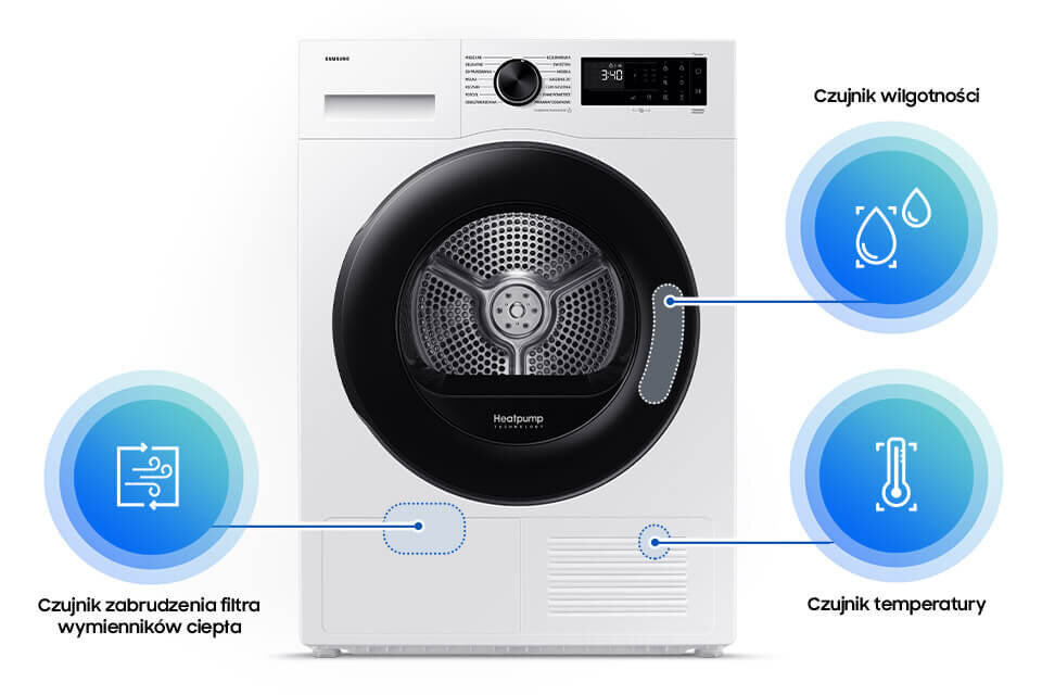 Biała suszarka z czarnym bębnem i panelem sterowania, oznaczona logo Samsung. Widoczne są trzy ikony: czujnik zabrudzenia filtra wymienników ciepła, czujnik wilgotności i czujnik temperatury.