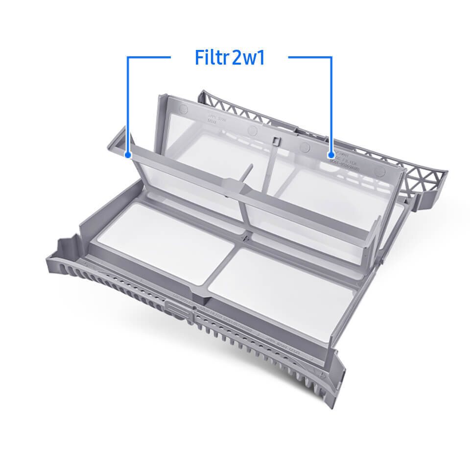 dv90dg52a0aeeo filtr 2w1 Obraz przedstawia szary filtr 2w1 do suszarki, z widocznymi dwoma sekcjami siatkowymi. Nad filtrem znajduje się napis \'Filtr 2w1\'.