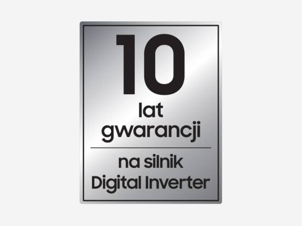 digital inverter silnik-1 Obraz przedstawia srebrną plakietkę z napisem: \'10 lat gwarancji na silnik Digital Inverter\'.