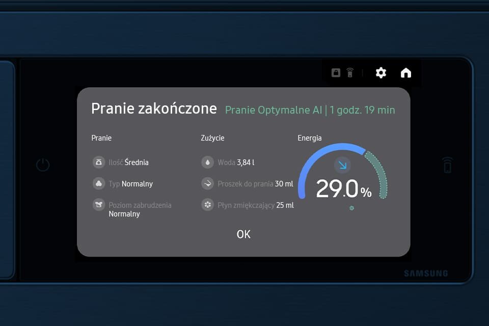 Raport po zakończonym praniu – szczegóły cyklu, czas, zużycie energii i ewentualne uwagi