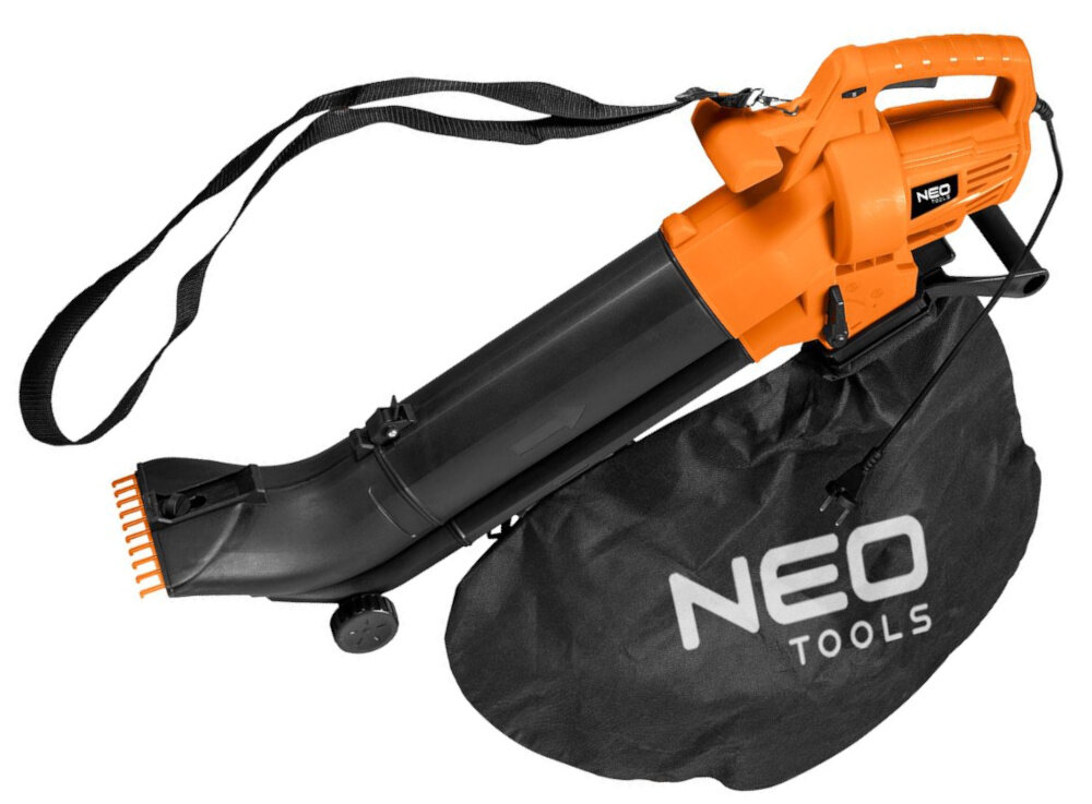 Odkurzacz do liści NEO TOOLS 04-624 elektryczny odkurzacz na białym tle zasilanie 230 V stała moc stabilna praca silnika ogranicza ryzyko spadku wydajności przystosowana do bezpiecznego użytkowania na zewnątrz
