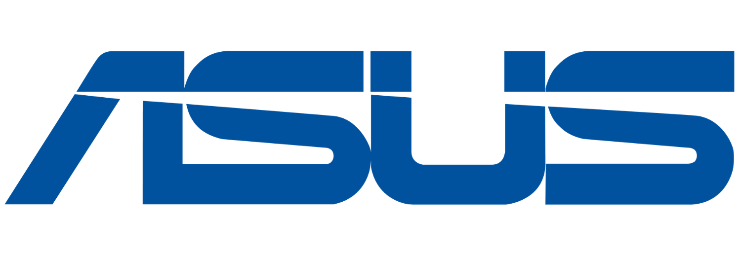 Logo ASUS w kolorze niebieskim na białym tle.