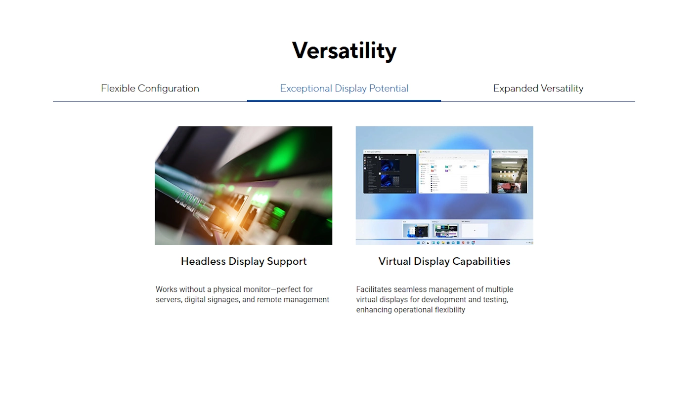 Obraz przedstawia dwa zdjęcia z podpisami: \'Headless Display Support\' i \'Virtual Display Capabilities\'. Nad zdjęciami znajduje się tekst: \'Versatility\', \'Flexible Configuration\', \'Exceptional Display Potential\', \'Expanded Versatility\'.