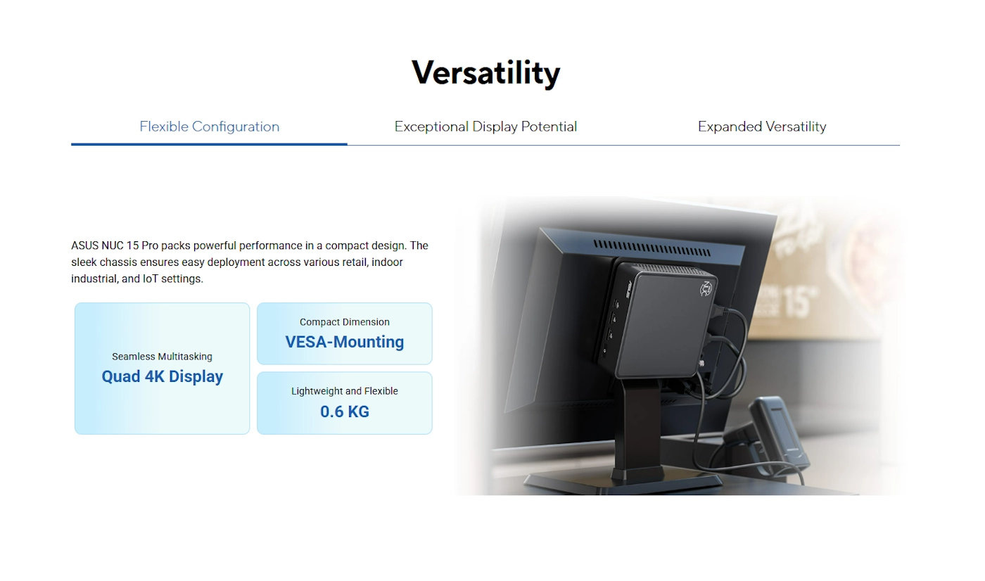 Obraz przedstawia komputer zamontowany z tyłu monitora, z widocznymi kablami. Tekst na obrazie: \'ASUS NUC 15 Pro packs powerful performance in a compact design. The sleek chassis ensures easy deployment across various retail, indoor industrial, and IoT settings.\' oraz \'Seamless Multitasking Quad 4K Display\', \'Compact Dimension VESA-Mounting\', \'Lightweight and Flexible 0.6 KG\'.