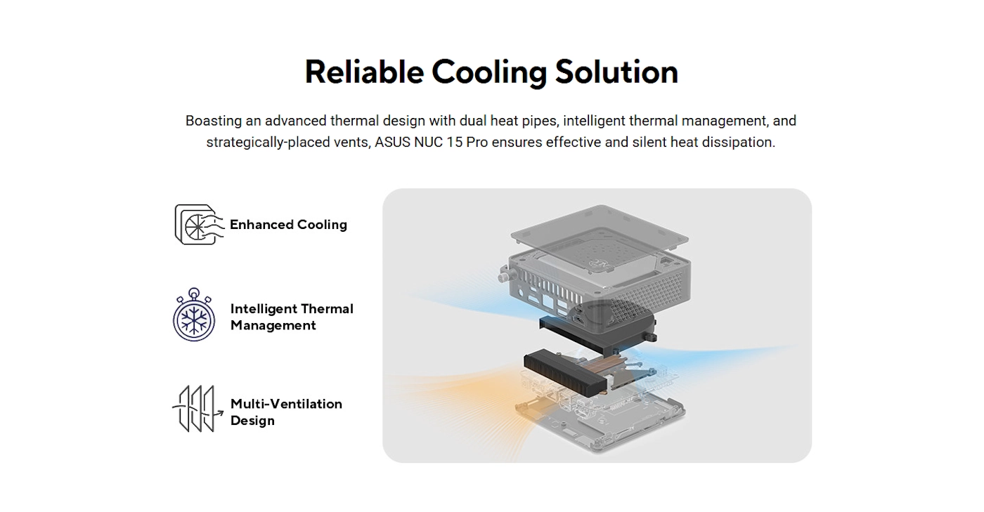 Obraz przedstawia schemat chłodzenia komputera z podpisem \'Reliable Cooling Solution\'. Widoczne są ikony z napisami: \'Enhanced Cooling\', \'Intelligent Thermal Management\', \'Multi-Ventilation Design\'.