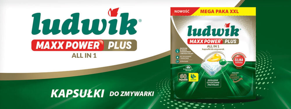 Kapsułki do zmywarek LUDWIK Maxx Power Plus opakowanie na zielonym tle napisy kapsułki do zmywarki ludwik maxx power plus all in 1
