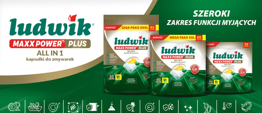 Kapsułki do zmywarek LUDWIK Maxx Power Plus szeroki zakres funkcji myjących wizualizacja opakowań 95 60 i 30 sztuk ochrona naczyń i zmywarkę