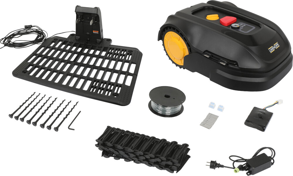 Robot koszący LANDXCAPE LX910 zestaw na białym tle w zestawie 150-metrowy przewód ograniczający stacja dokująca akumulator 210 szpilek montażowych 7 śrub klucz imbusowy sześciokątny miarka zapasowe nożyki dokumentacja