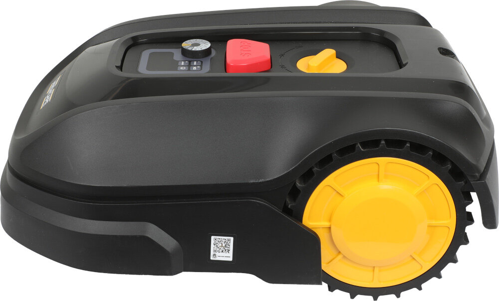 Robot koszący LANDXCAPE LX910 robot na białym tle widoczny z boku akumulator litowo-jonowy 20 V czas pracy do 90 minut na jednym ładowaniu automatycznie wraca do bazy czas ładowania około 105 minut efektywne zarządzanie energią obszar koszenia do 1000 m² akumulator Li-Ion o pojemności 2,5 Ah długa żywotność wydajność