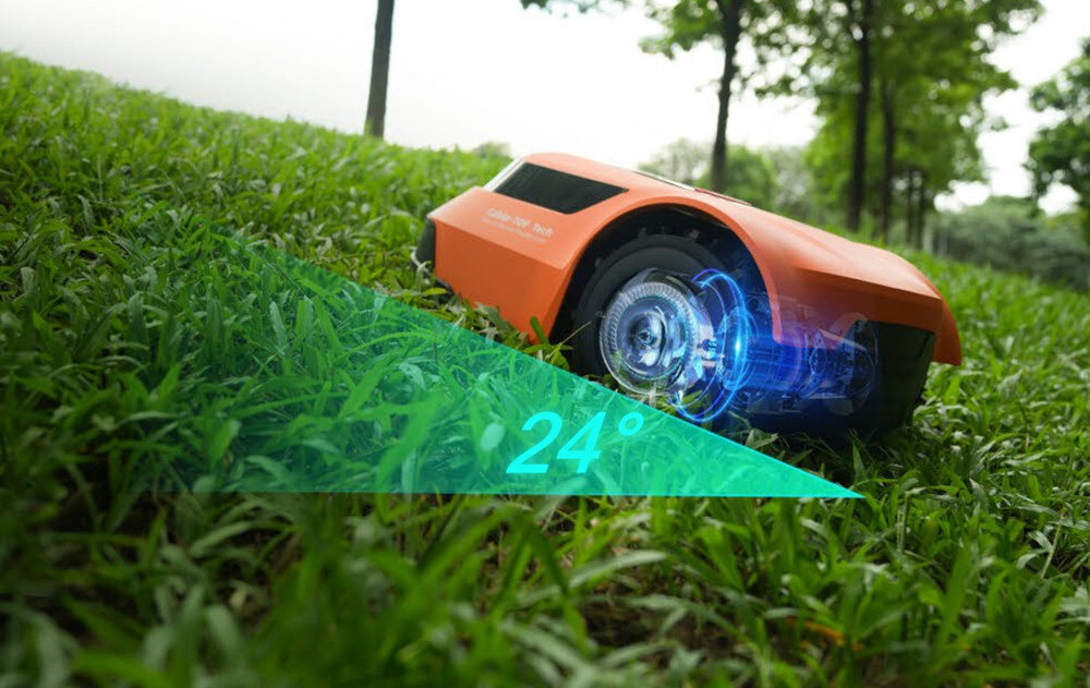 Robot koszący EZVIZ RM600 CS-R64-A11 sterowanie Bluetooth-Wi-Fi robot na trawie podjeżdża pod górkę pokonuje wzniesienia o nachyleniu do 24° mocny silnik solidne koła