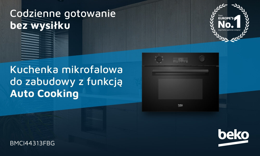 Obraz przedstawia czarną kuchenkę mikrofalową do zabudowy z funkcją Auto Cooking, na tle kuchni. Widoczny jest tekst: \'Codzienne gotowanie bez wysiłku\', \'Kuchenka mikrofalowa do zabudowy z funkcją Auto Cooking\', \'BMCI44313FBG\', oraz logo \'beko\'.