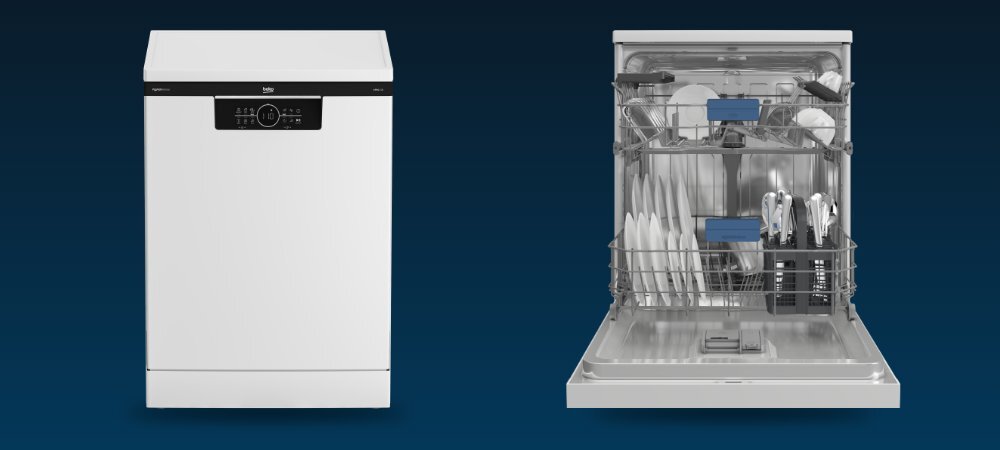 ZMYWARKA BEKO BDFN26440WP wizualizacja front otwarta zamknięta wnętrze koszk na sztućce dno stal nierdzewna większa higiena