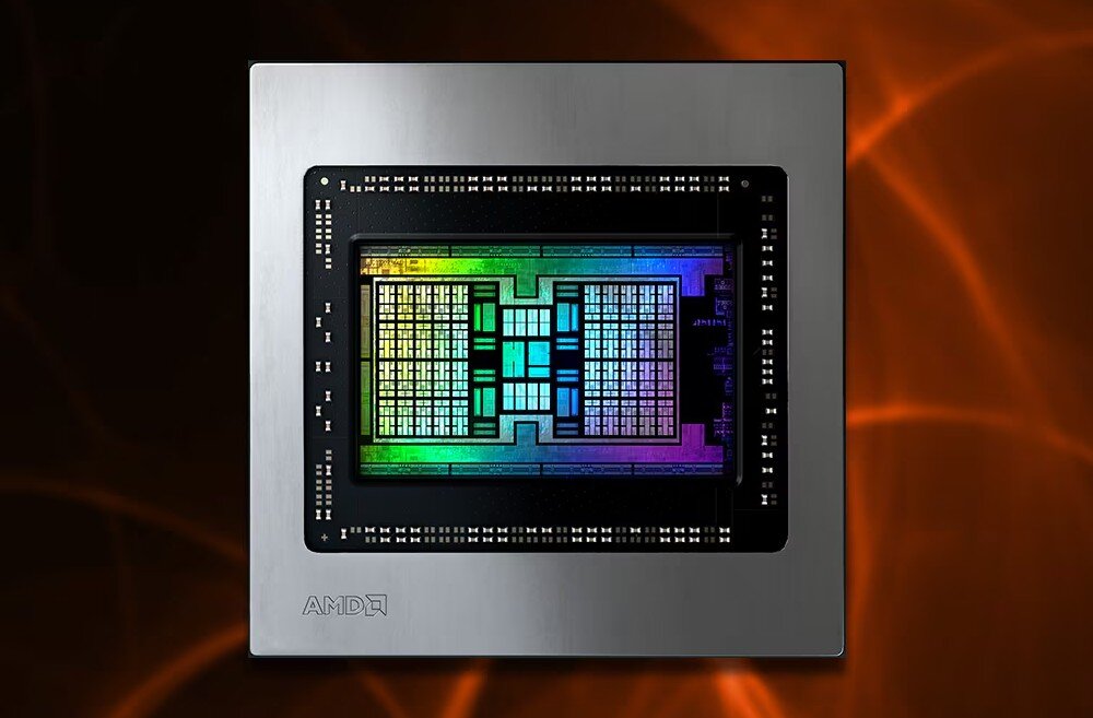 Procesor AMD Ryzen 9 9950X3D Zbliżenie na strukturę układu scalonego z kolorową siatką komórek, otoczoną metalową ramką z napisem 'AMD', pobór mocy, energooszczędność, narzędzia