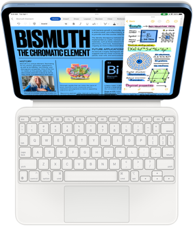 Tablet z wyświetlaczem pokazującym kolorowy dokument z tekstem \'BISMUTH THE CHROMATIC ELEMENT\' oraz notatkami. Przed tabletem znajduje się biała klawiatura.