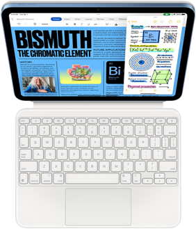 iPad połączony z Magic Keyboard Folio, na ekranie aplikacje Pages i Notatki w widoku Slide Over