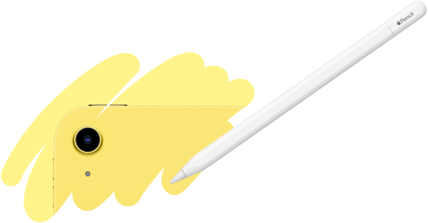 Z nieregularnego wzoru malowanego za pomocą Apple Pencil wyłania się tylny aparat iPada