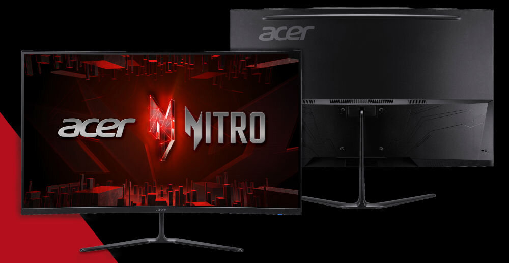 Monitor ACER Nitro ED320QRS3BIIPX 31.5 cala 1920x1080px 180Hz 1 ms [VRB] Curved prezentacja monitora od przodu i tyłu na czarnym tle czerwony pasek po lewej stronie na dole