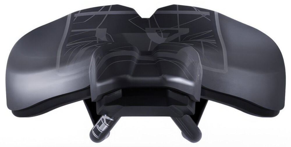 Siodełko PRO MSN 1.3 PRSA0372 siodełko na białym tle widoczne od przodu profilowana powierzchnia o szerokości 142 mm centralne wgłębienie odciążają wrażliwe strefy poprawiając krążenie redukując ucisk zwiększa stabilność i kontrolę nad rowerem bardziej naturalne ułożenie miednic