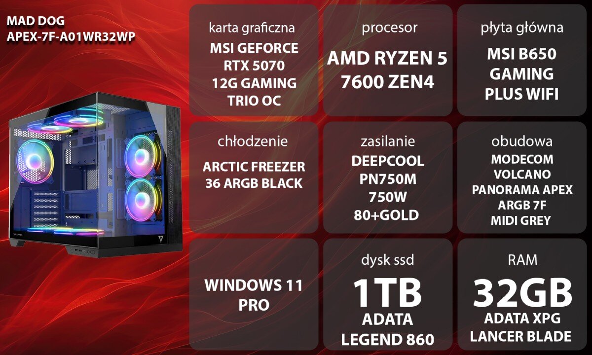 Komputer MAD DOG APEX-7F-A01WR32WP Specyfikacja komputera w formie graficznej. Po lewej stronie znajduje się obudowa z podświetleniem RGB, a po prawej bloki tekstowe zawierające informacje o podzespołach, opis
