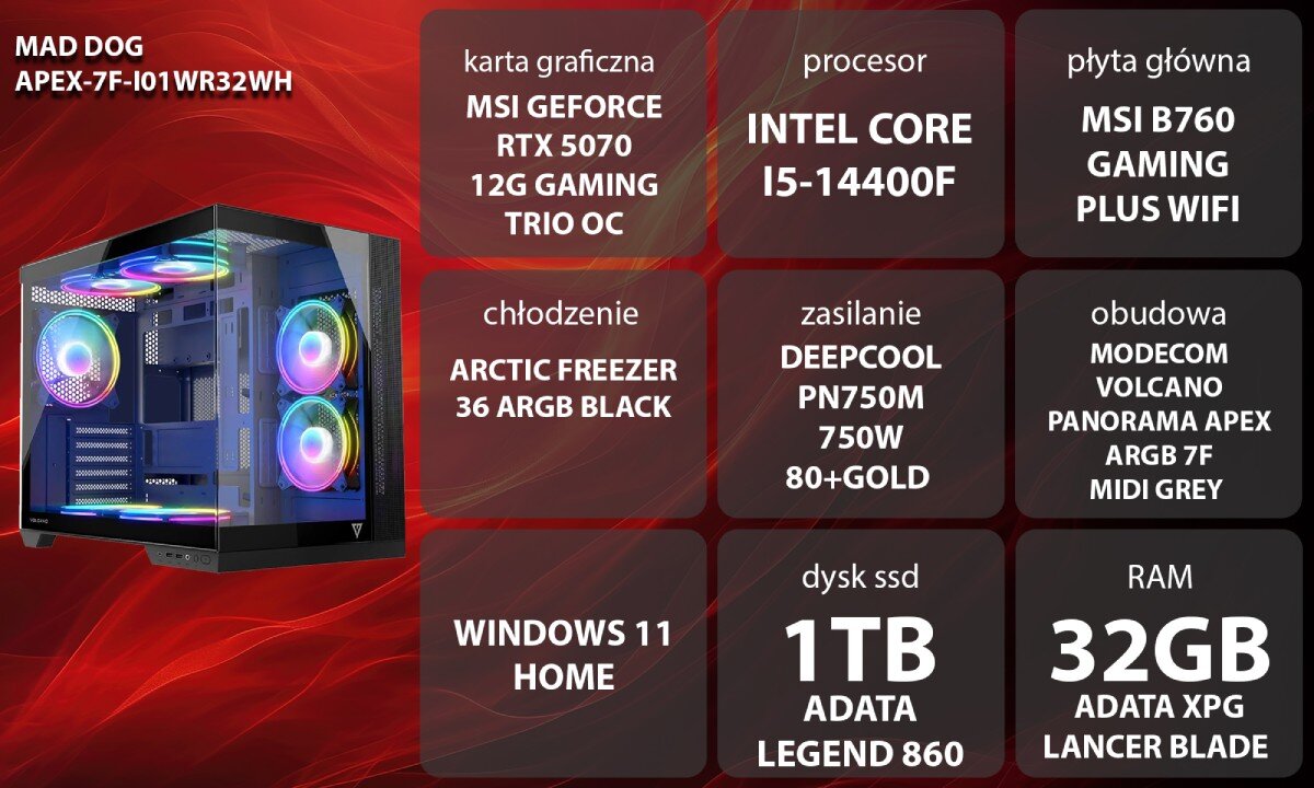 Komputer MAD DOG APEX-7F-I01WR32WH Specyfikacja komputera w formie graficznej. Po lewej stronie znajduje się obudowa z podświetleniem RGB, a po prawej bloki tekstowe zawierające informacje o podzespołach, opis