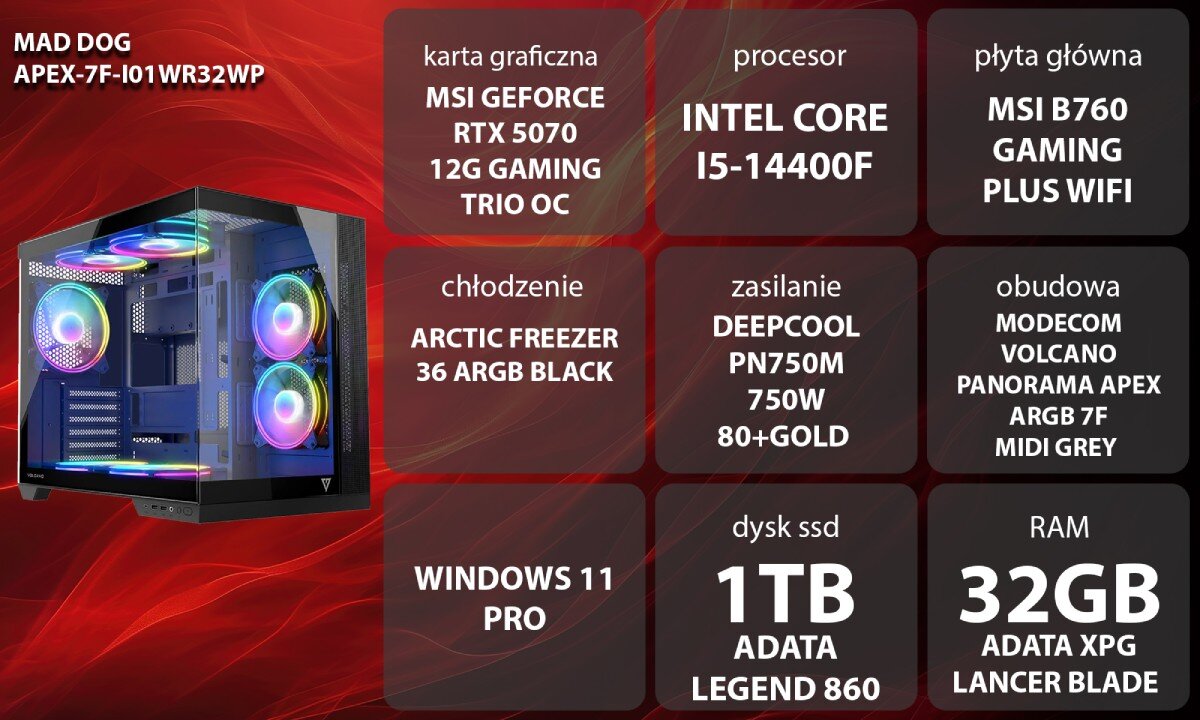 Komputer MAD DOG APEX-7F-I01WR32WP Specyfikacja komputera w formie graficznej. Po lewej stronie znajduje się obudowa z podświetleniem RGB, a po prawej bloki tekstowe zawierające informacje o podzespołach, opis