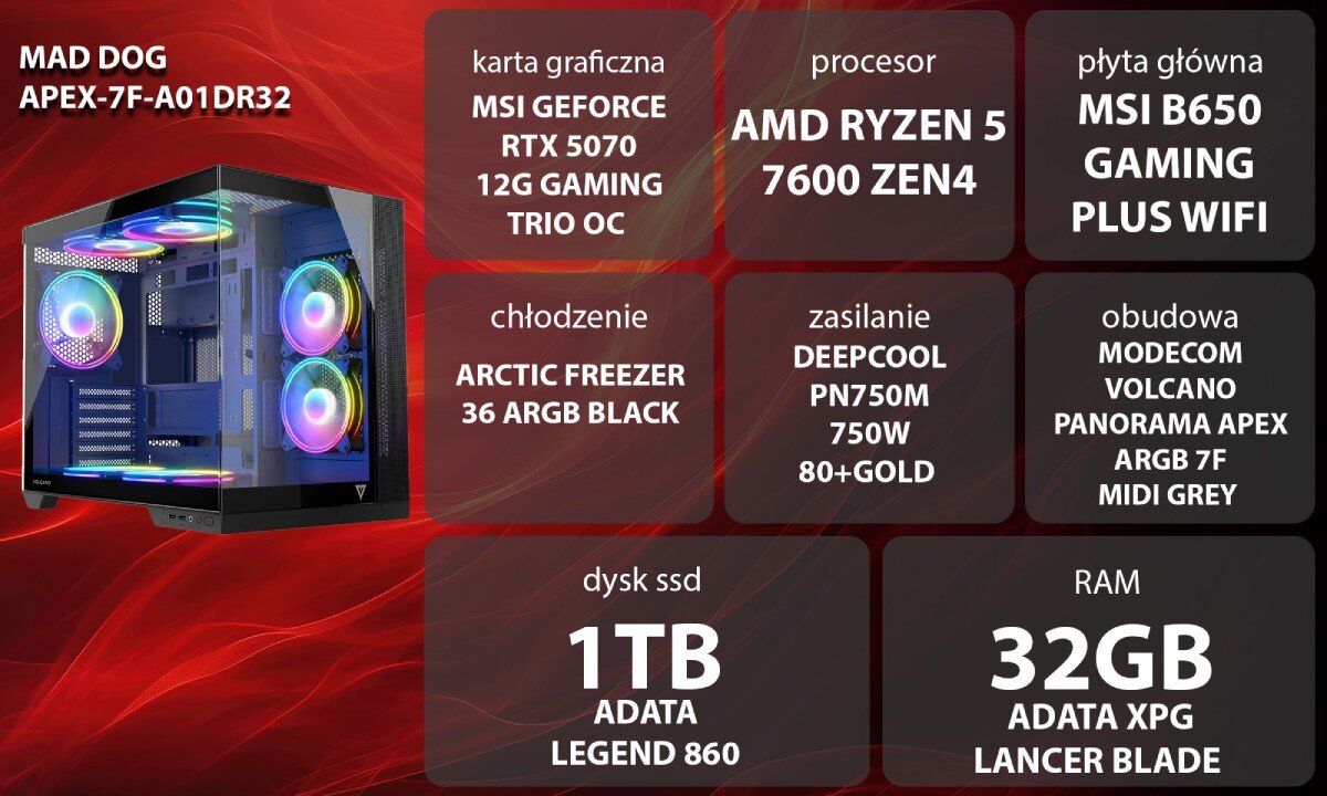 Komputer MAD DOG APEX-7F-A01DR32 Specyfikacja komputera w formie graficznej. Po lewej stronie znajduje się obudowa z podświetleniem RGB, a po prawej bloki tekstowe zawierające informacje o podzespołach, opis
