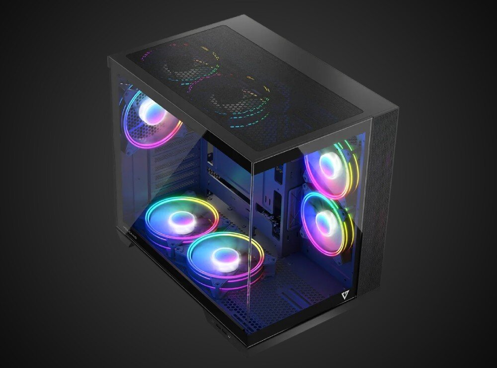Komputer MAD DOG APEX-7F-A01DR32 Obudowa komputera z widokiem od góry na ciemnym gradientowym tle. Widoczne są zamontowane wentylatory z podświetleniem RGB, a także otwory wentylacyjne na górnym panelu, obudowa, wygląd, wentylacja, porty