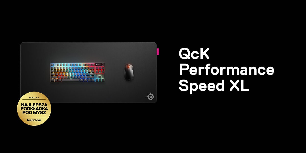 STEELSERIES QcK Performance Speed podkładka na czarnym tle, na niej mysz