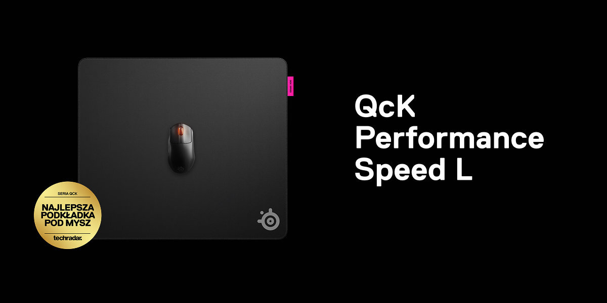 STEELSERIES QcK Performance Speed podkładka na czarnym tle, na niej mysz