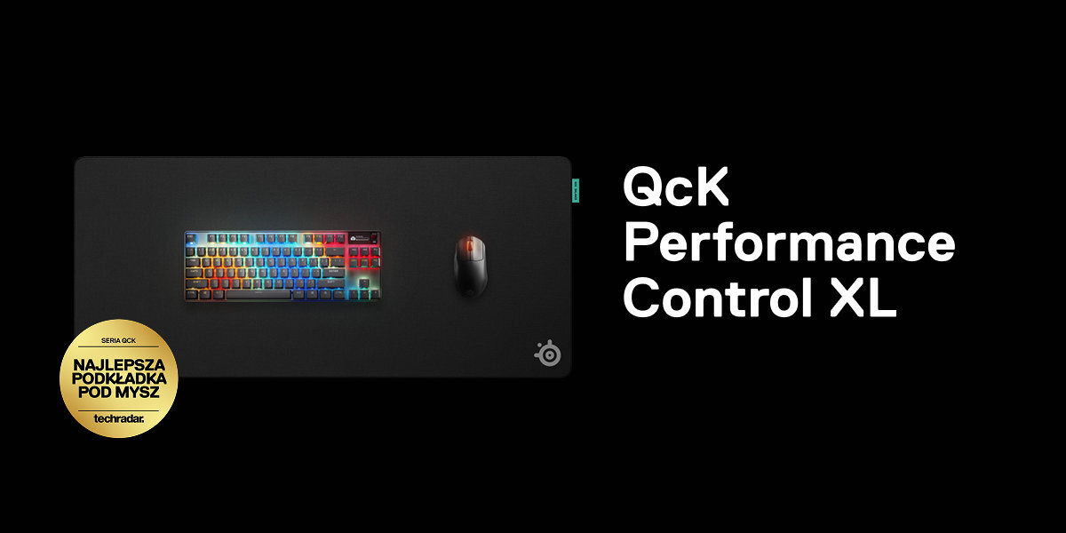 STEELSERIES QcK Performance Control podkładka na czarnym tle, na niej mysz