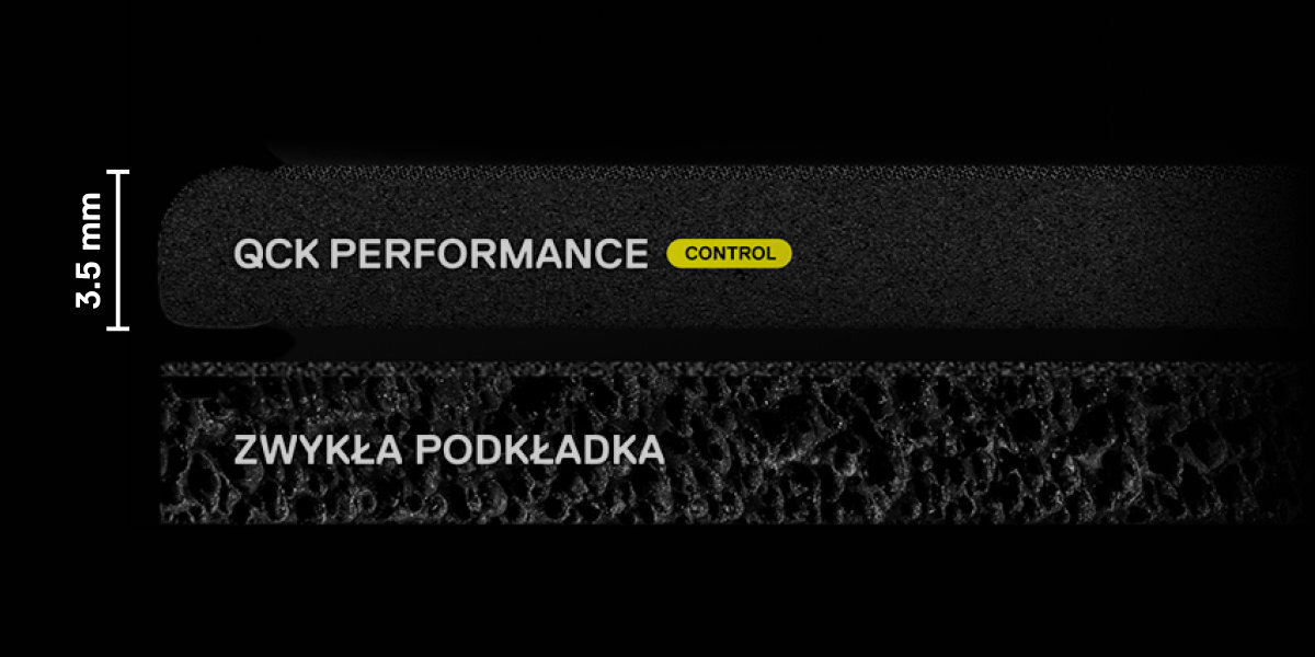 STEELSERIES QcK Performance Control Pianka neoprenowa Antypoślizgowy spód gumy neoprenowej - porównanie przekroju zwykłej podkładki i podkładki qck performance