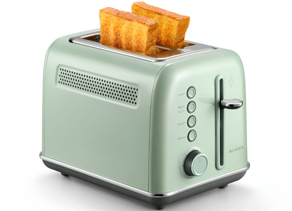 TOSTER BUYDEEM DT620E MIĘTOWY toster w kolorze miętowym stoi bokiem pokrętło przyciski dźwignia tosty w otworach białe tło kompaktowy 28,4 x 18,5 x 19,7 cm funkcjonalność styl niewielkie rozmiary nie zajmuje zbyt wiele miejsca wyjątkowy vintage'owy charakter schowanie w kuchennej szafce do małych kuchni
