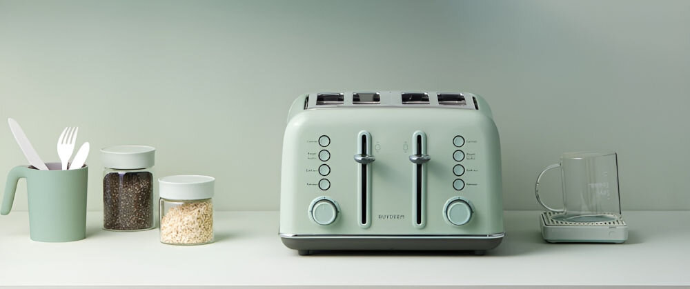 Toster BUYDEEM DT640E Miętowy miętowe tło toster w kolorze miętowym przyciski pokrętła dźwignie dla miłośników stylu vintage wyjątkowy design praktyczne urządzenie stylowy akcent odrobina retro elegancji w kuchni do stworzenia przestrzeni w stylu vintage