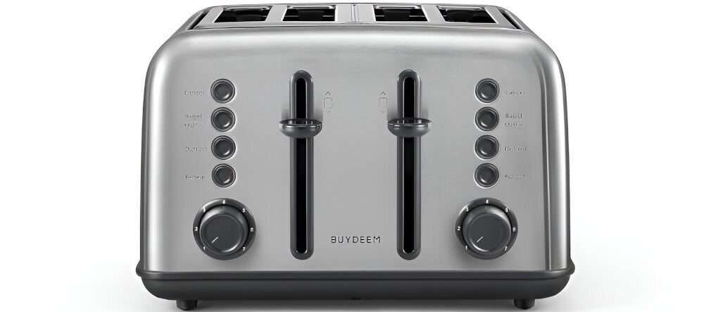 Toster BUYDEEM DT640E Stalowy toster w kolorze srebrnym czarne przyciski dźwignie pokrętła białe tło z wysokiej jakości stali nierdzewnej równomierne ogrzewanie żywności w wysokiej temperaturze trwałość odporność na korozję kompaktowa forma praktyczność estetyka stylowy dodatek