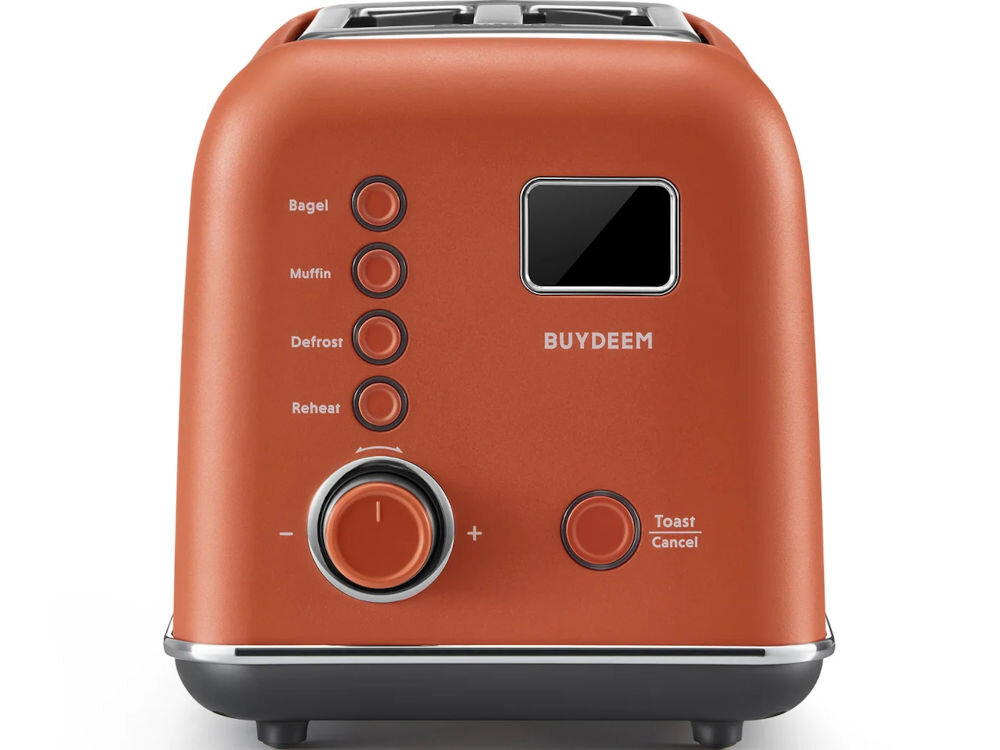 Toster BUYDEEM DT730E Czerwony sprzęt w kolorze czerwonym pokrętło przyciski wyświetlacz białe tło minimalistyczny design w stylu retro elegancja estetyka tekstura szczotkowanego metalu funkcjonalne urządzenie element dekoracyjny unikalny wygląd do różnych stylów nuta nostalgii i ciepła
