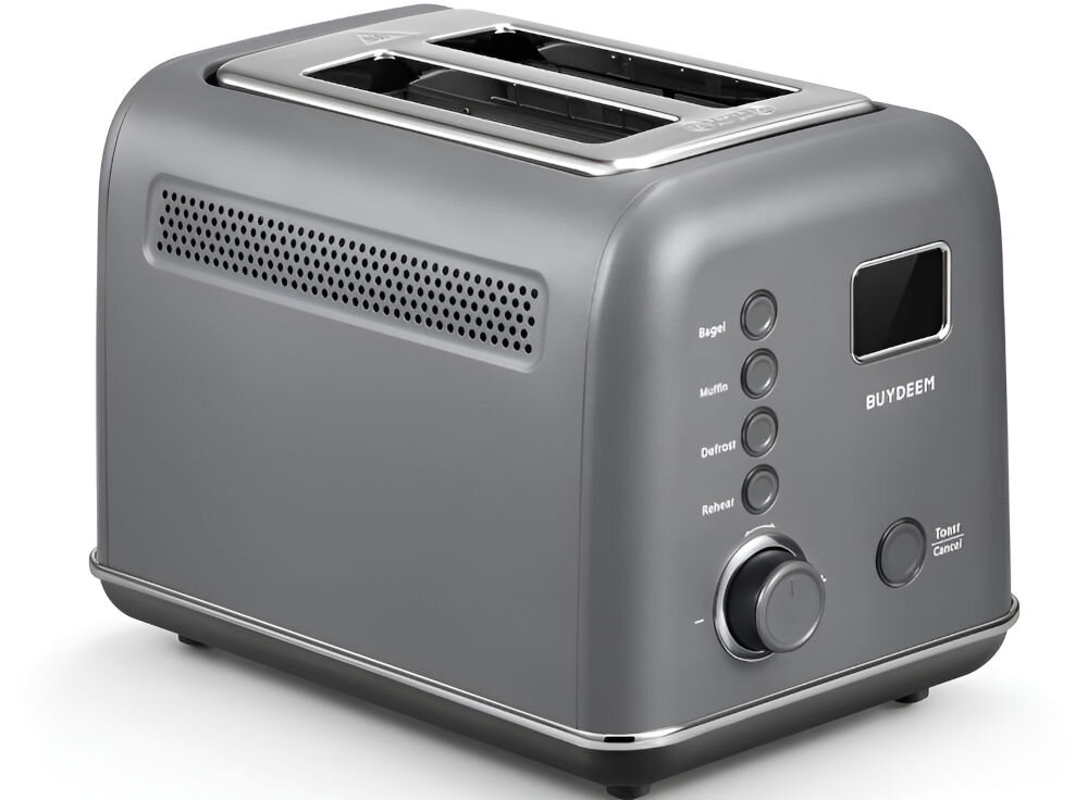 Toster BUYDEEM DT730E Szary toster w kolorze szarym wyświetlacz przyciski pokrętło białe tło z wysokiej jakości stali nierdzewnej równomierne ogrzewanie żywności w wysokiej temperaturze trwałość odporność na korozję kompaktowa forma praktyczność estetyka stylowy dodatek